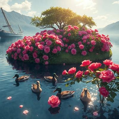 The primary subject of the image is a group of ducks swimming in a body of water, surrounded by a beautiful landscape. The setting includes a lush green island with a tree and a field of pink flowers. The visual style of the image is a combination of photo and digital art, creating a vibrant and colorful scene. The dominant colors in the image are pink and green, giving the scene a serene and peaceful atmosphere.